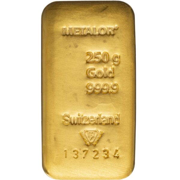 250 gram guldbarre fra Metalor Shcweiz