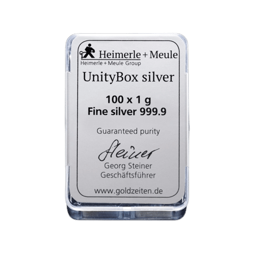 100 x 1 gram sølvbarre Unity Box Heimerle Meule - Køb sølvbarre hos Vitus Guld - Danmarks Førende sølvhandler
