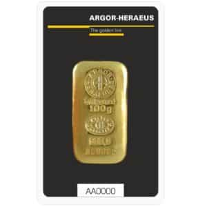 100 gr. støbt guldbarre fra Argor Heraeus - Køb guld hos Vitus Guld til bedste guldpriser
