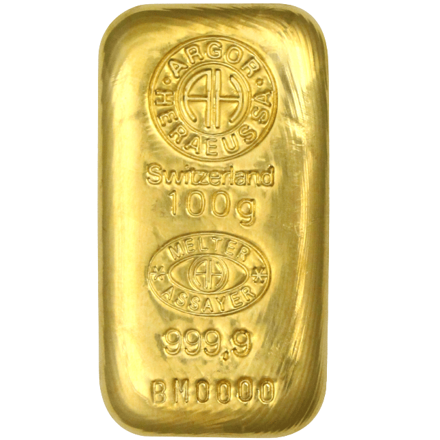100 gr. støbt guldbarre fra Argor Heraeus - Køb guld hos Vitus Guld til bedste guldpriser