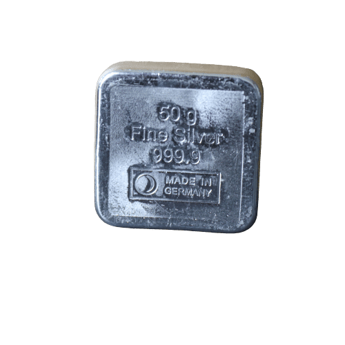50 gr. kvadratisk Sølvbarre fra Heimerle Meule - Vitus Guld sælger investeringssølv til bedste sølvpriser