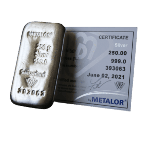 250 gr metalor sølvbarre - Køb den hos Vitus Guld - Investering i Sølv og guld -Danmarks Førende Guldhandler