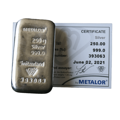 250 gr metalor sølvbarre - Køb den hos Vitus Guld - Investering i Sølv og guld -Danmarks Førende Guldhandler