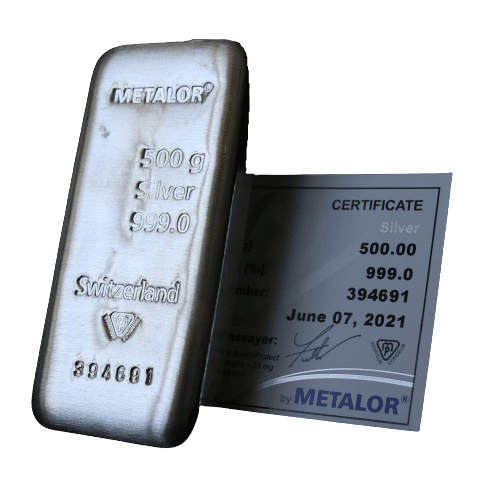 500 gr metalor Sølvbarre - køb sølv i dag hos Vitus Guld -Danmarks Største Sølvhandler