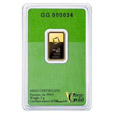 Valcambi Green Gold 5 gr. 24 karat guld, køb investeringsguld sikkert på e-mærket webshop