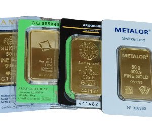 50 gr. guldbarre cirkuleret - Vilkårlige producenter alle LBMA godkendte - køb guld til bedste guldpris