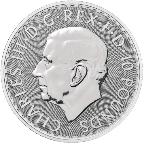 Britannia Sølvmønt Charles III år 2024 - 10 oz 999 ‰, 311 gr. Finsølv