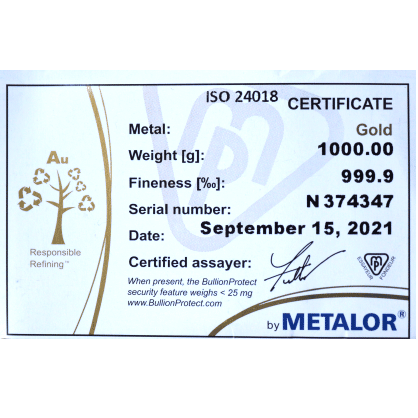 Metalor 1 kg - 1000 gr Guldbarre fra Schweiz- Køb guldbarrer til bedste guldpriser hos Vitus Guld