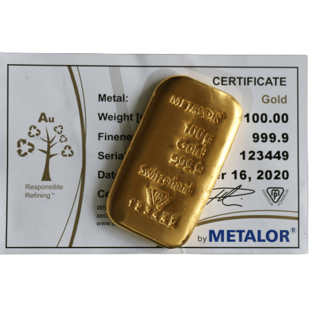 100 gram støbt guldbarrer Metalor - Køb guld og sølv hos Vitus Guld - Investeringsguld