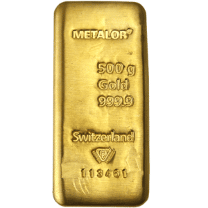 Metalor 500 gr Guldbarre - køb guld hos Vitus Guld online - lås guldprisen - cirkuelret guldbarre..