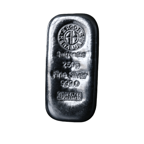 250 gram støbt sølvbarre fra Argor Heraeus - Køb sølv hos Vitus Guld i dag og få Bedste sølvpriser