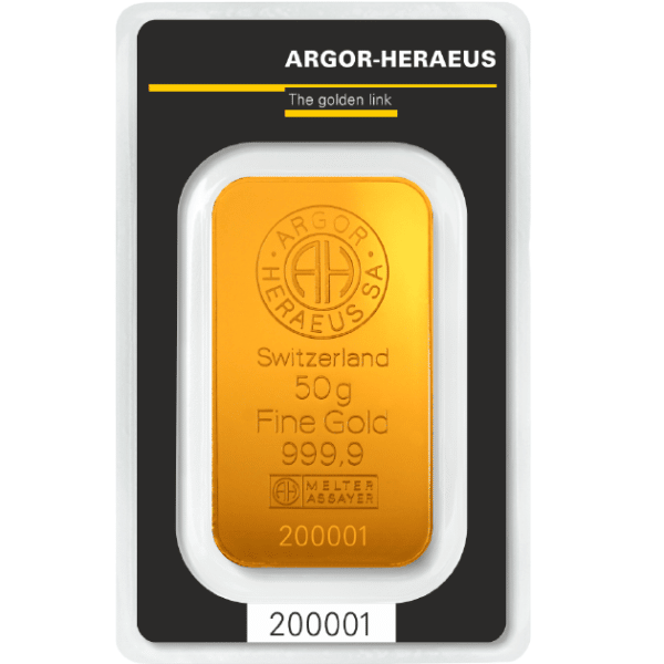 50 gram Argor Heareus Guldbarre - Køb guld hos Vitus Guld til bedste guldpris