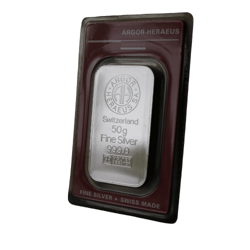 50 gr sølvbarre fra Argor Heraeus - Køb sølv og sølvbarre hos Vitus Guld - Bedste sølvpriser