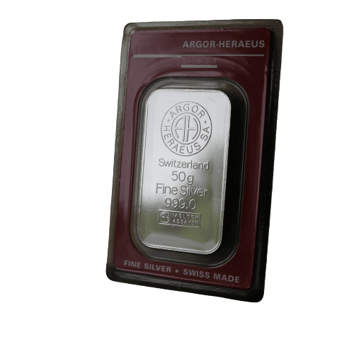 50 gr sølvbarre fra Argor Heraeus - Køb sølv og sølvbarre hos Vitus Guld - Bedste sølvpriser
