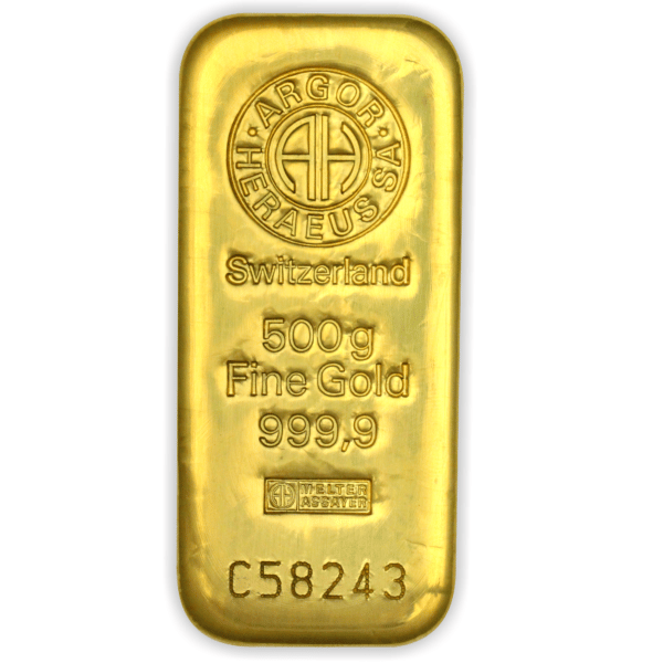 500 gr støbt guldbarre fra Argor Heraeus Schweiz - Køb guldbarre hos Vitus Guld til markedes bedste guldpriser