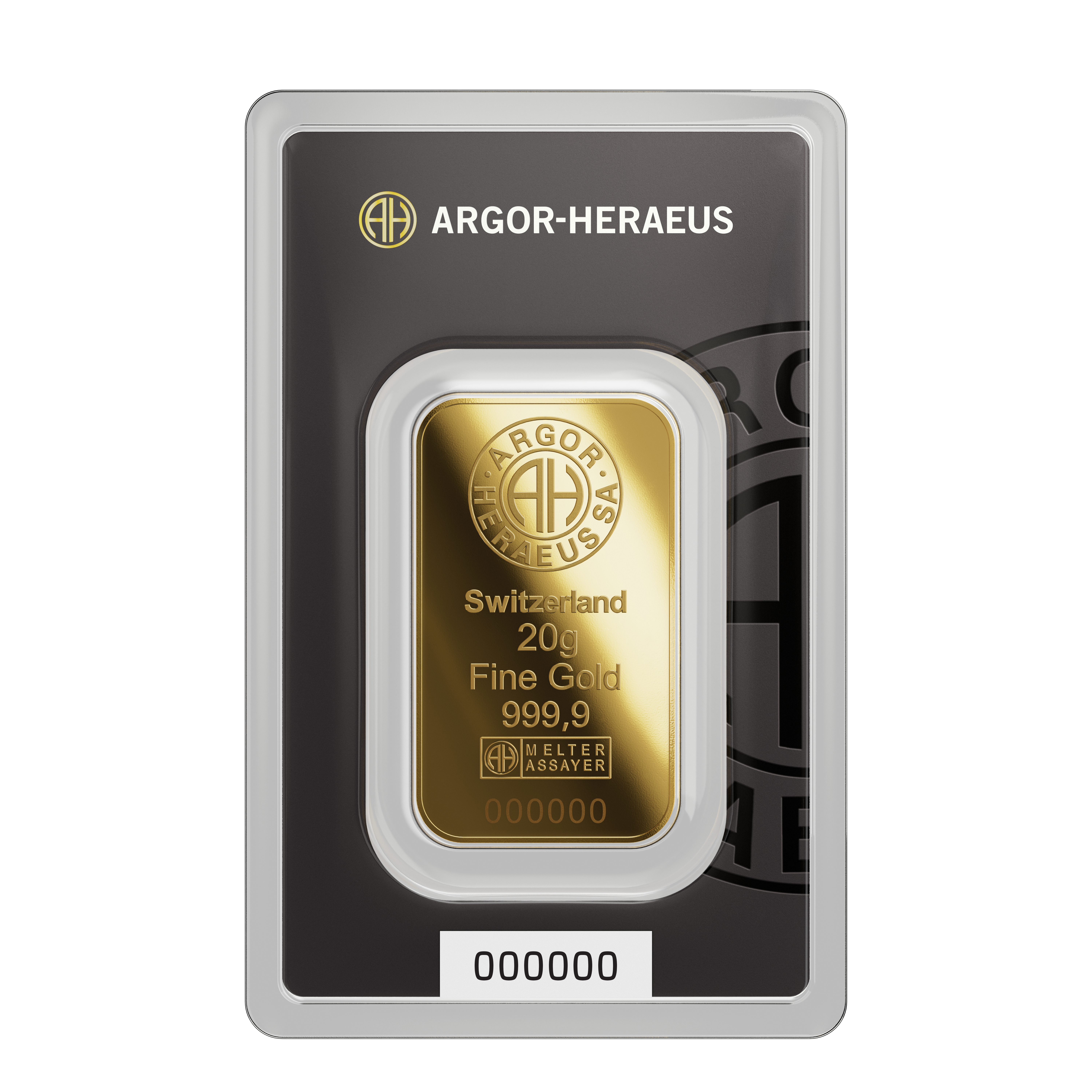 20 gr. Guldbarre, 999,9 ‰, Argor-Heraeus Schweiz