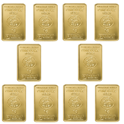 10x1 gr. Guldbarre 999,9 ‰, Heimerle Meule Tyskland. Køb Guld hos Danmarks Førende Guldhandler