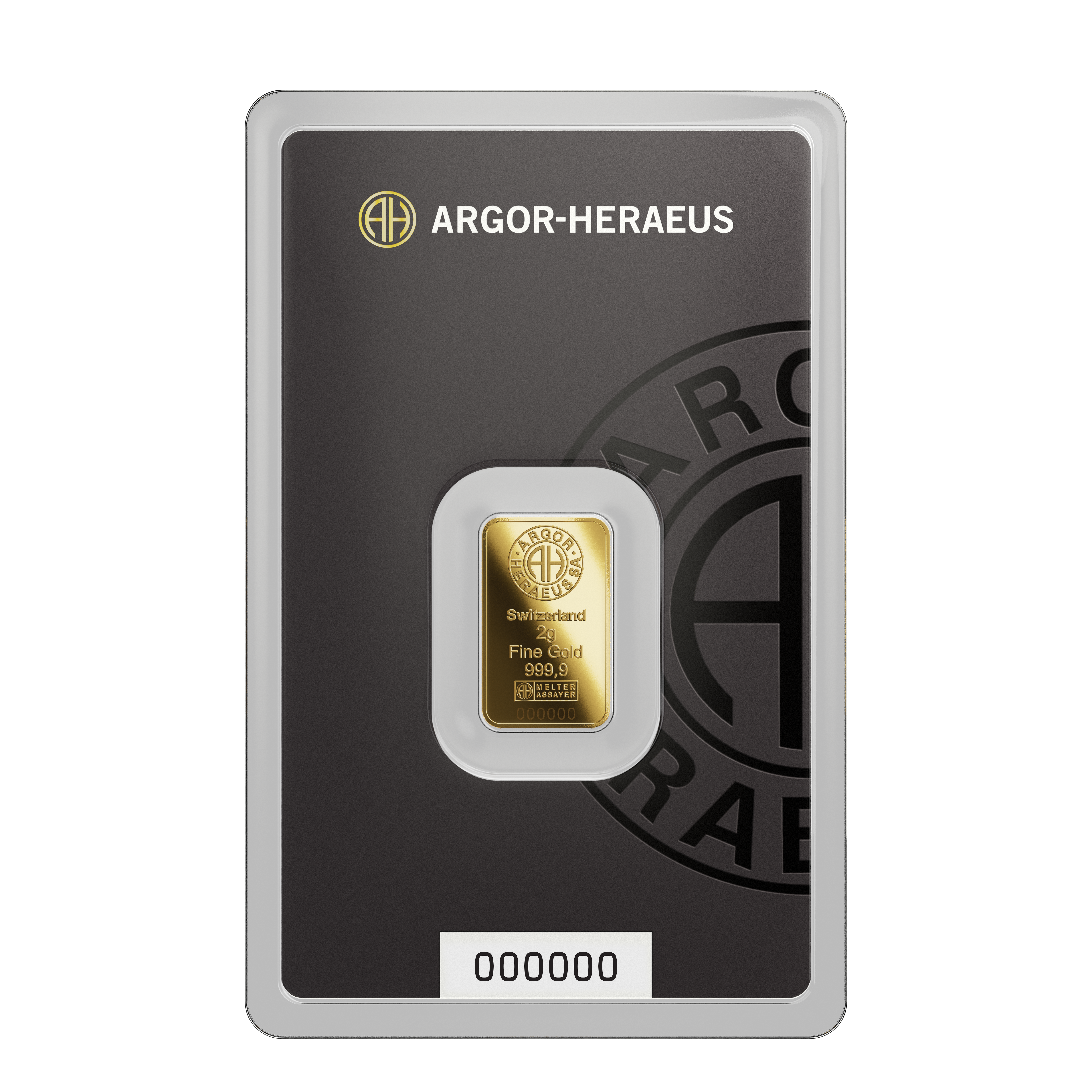 2 gr. Guldbarre, 999,9 ‰,  Argor-Heraeus Schweiz