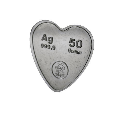 50 gram hjerte sølvbarre fra Heimerle Meule - køb din sølvbarre hos Vitus Guld - markedets bedste sølvpris