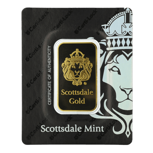 1 oz - 31,1 gram. Lion guldbarre fra Scottsdale Mint og Argor Heraeus - Køb guldbarre hos Vitus Guld