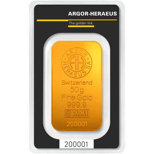 50 gr guldbarre HOLOGRAM fra Argor Heareus i Schweiz - Køb guldbarre hos Vitus Guld til bedste guldpris
