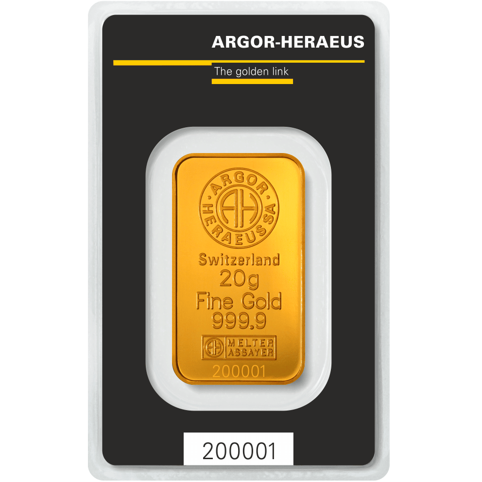 20 gr guldbarre HOLOGRAM fra Argor Heareus i Schweiz - Køb guldbarre hos Vitus Guld til bedste guldpris