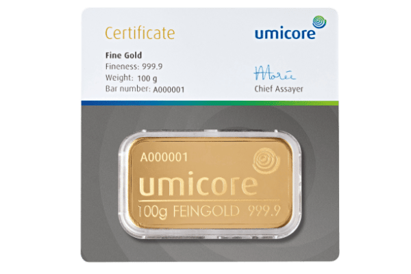 100 gr guldbarre fra Umicore - Invester i Guld og bevar din købekraft - køb genbrugsguld hos Vitus Guld