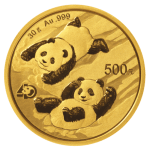 Panda guldmønt 2022, 24 karat guld 30 gr. investering i guldmønter, prægning med to pandaer.