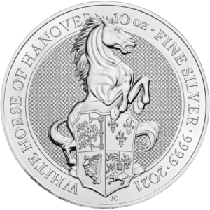 Queen's Beast - White Horse of Hanover Sølvmønt år 2021 - 10 oz 999 ‰, 311 gr. Finsølv. Køb investeringsprodukter på Vitus Guld webshop. Sikker og professionel handel.