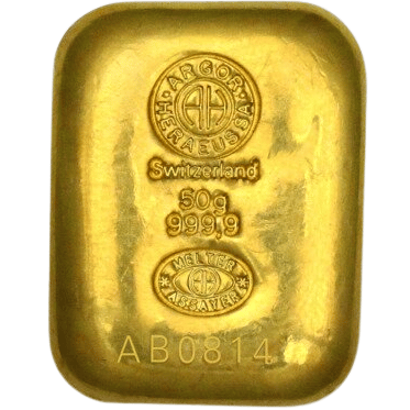 50 gr. støbt guldbarre fra Argor Heraeus - Køb guld hos Vitus Guld til bedste guldpriser
