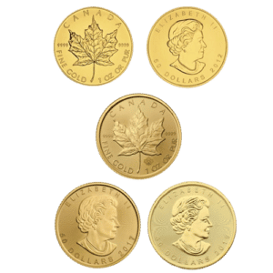 5 Stks. Canadian Maple Leaf 1 oz 999,9 ‰, 31,1 gr. i alt 155,5 gr. 24 karat - Tidlige Årgange. Køb guldmønter hos Vitus Guld. Guldmønter til investering i fysisk guld