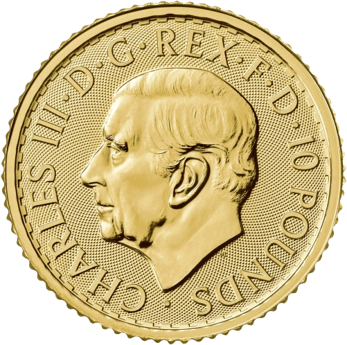 10£ Britannia Charles III Guldmønt, 1/10 oz 3,11 gr., 24 karat 999,9 ‰ - År 2024 - Køb guldmønter online.