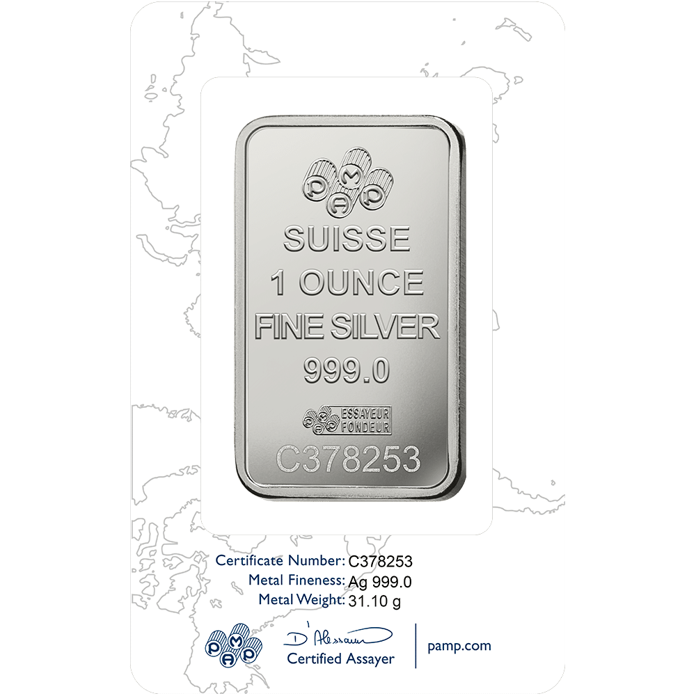 1 oz Sølvbarre 31,1 gr. 999,9 ‰, P.A.M.P Schweiz - Køb dine sølvbarre til markedets bedste pris