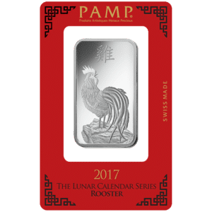 1 oz Sølvbarre Lunar Legend Rooster 31,1 gr. 999,9 ‰, P.A.M.P Schweiz År 2017 - Cirkuleret sølv købes til den bedste pris.
