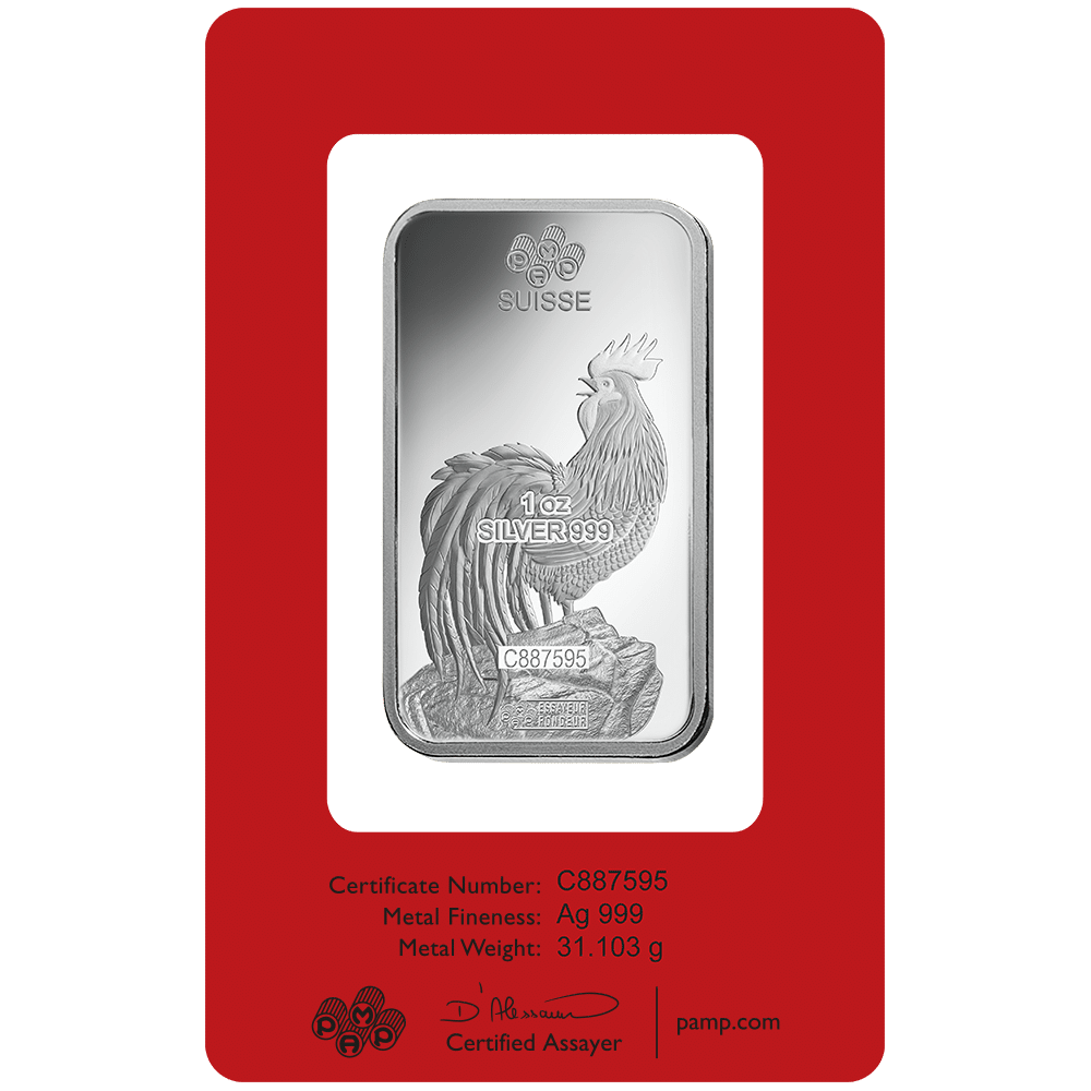 1 oz Sølvbarre Lunar Legend Rooster 31,1 gr. 999,9 ‰, P.A.M.P Schweiz År 2017 - Køb cirkuleret sølv med brugtmoms