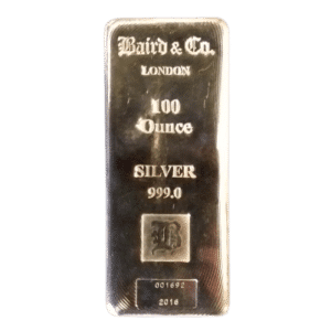 100 Oz Sølvbarre (3110 gr.) 999 ‰, Baird & Co. - London - Køb cirkuleret sølv hos Vitus Guld