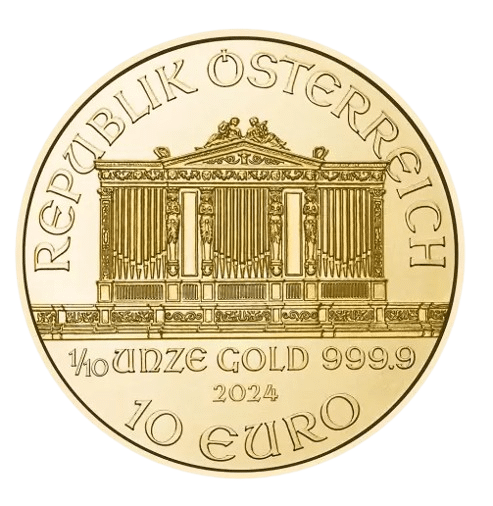 Østrigsk Philharmoniker 2024. 1/10 oz, 3,11 gr. Køb guldmønter online hos Vitus Guld og lås guldprisen i dag.