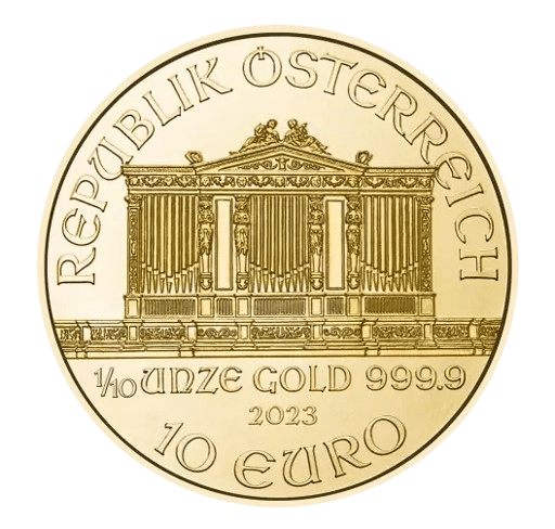 Østrigsk Philharmoniker 2023. 1/10 oz, 3,11 gr. Køb guldmønter online hos Vitus Guld og lås guldprisen i dag.