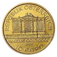 Cirkuleret Østrigsk Philharmoniker 2009. 1/10 oz, 3,11 gr. Køb guldmønter online hos Vitus Guld og lås guldprisen i dag.