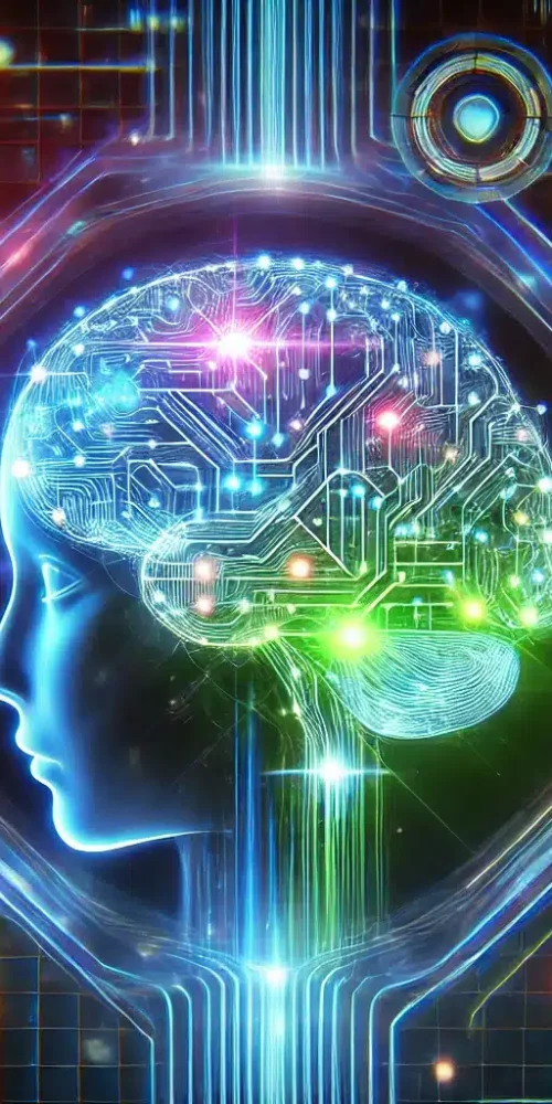 DALL·E 2025-03-10 13.35.12 - A futuristic AI-themed digital artwork featuring a glowing neural network, an abstract chatbot interface, and a vibrant AI brain. The image has a high