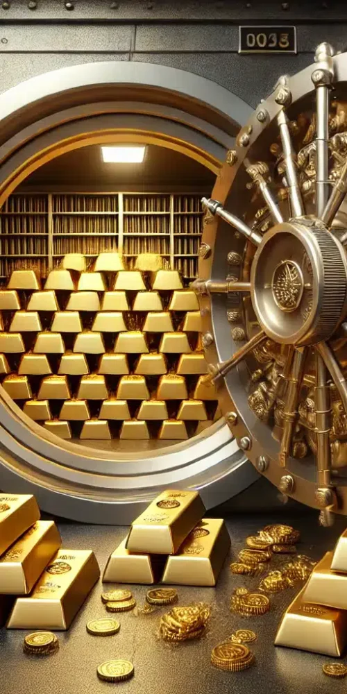 DALL·E 2025-03-10 15.19.19 - A highly detailed 3D-rendered image of an open bank vault filled with stacks of gold bars and gold coins. The vault door is massive and metallic with
