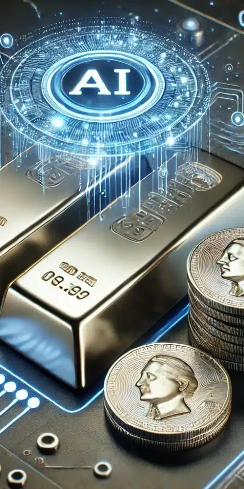 DALL·E 2025-03-11 12.57.31 - A futuristic composition featuring silver bars and shiny silver coins, illuminated by a high-tech, AI-driven digital interface. Glowing blue circuits